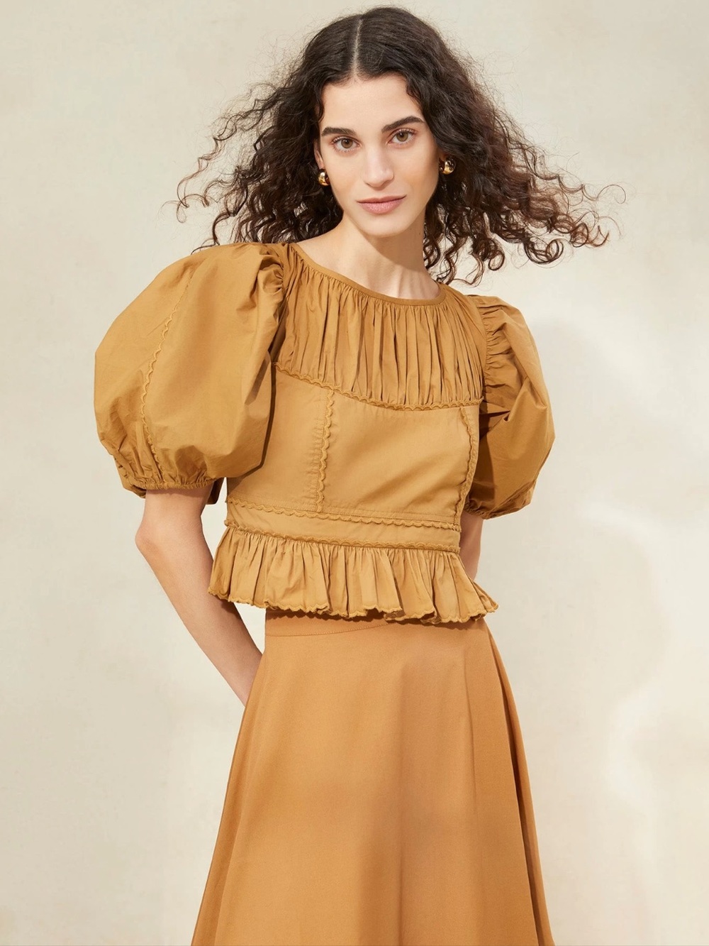 LOEFFLER RANDALL Anna Puff-Sleeve Peplum Top in “Cigar” | Size XS | NWOT